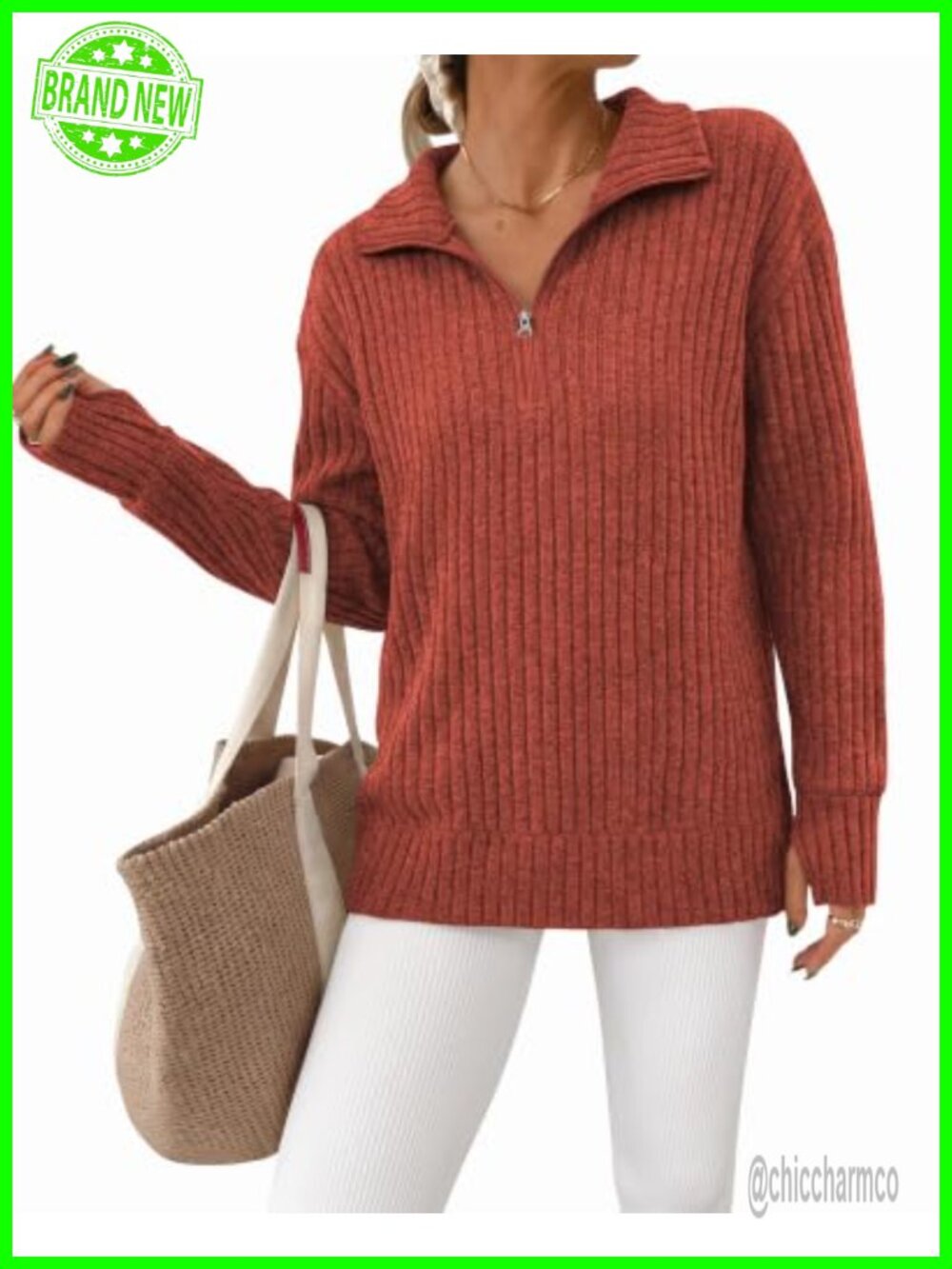 Womens Quarter Zip Pullover Sweater Long Sleeve Mock Neck Thumb Holes